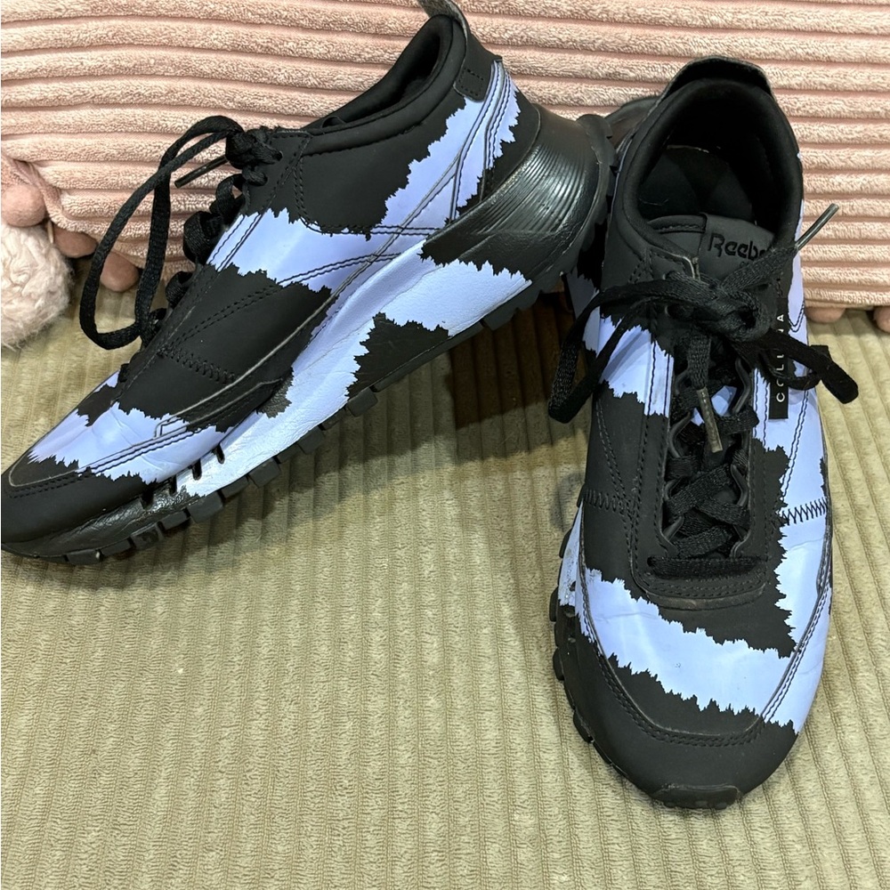 Size 6 - Reebok Collina Strada Leather Legacy “Call Mom” purple black sneakers